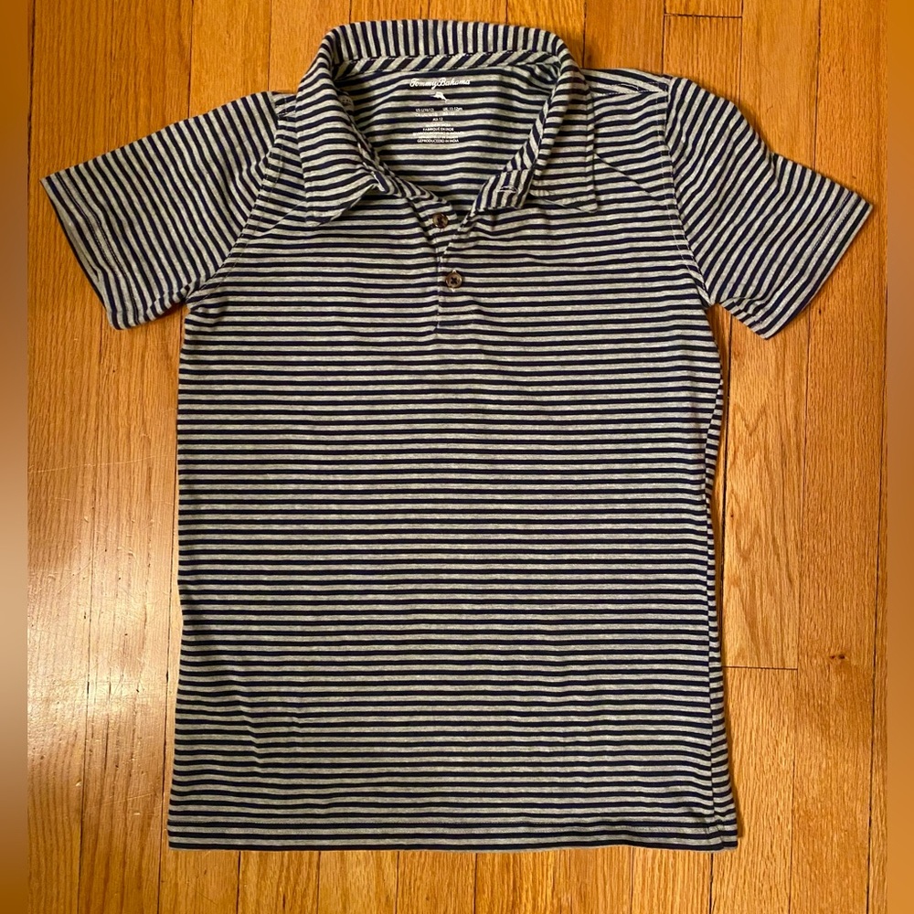 Tommy Bahama Navy and Gray Striped Kids Polo. Boys size large (10/12)